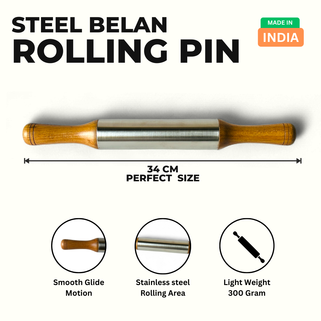 Premium Stainless Steel Rolling Pin with Wooden Handles – Non-Stick, Easy Grip, Heavy-Duty for Roti, Chapati, Pastry & Dough Rolling