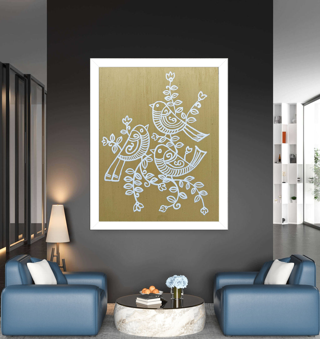 Hand-Painted Mud Wall Frame – Tribal Bird Art | 12x10 Inch | Eco-Friendly Wooden Décor