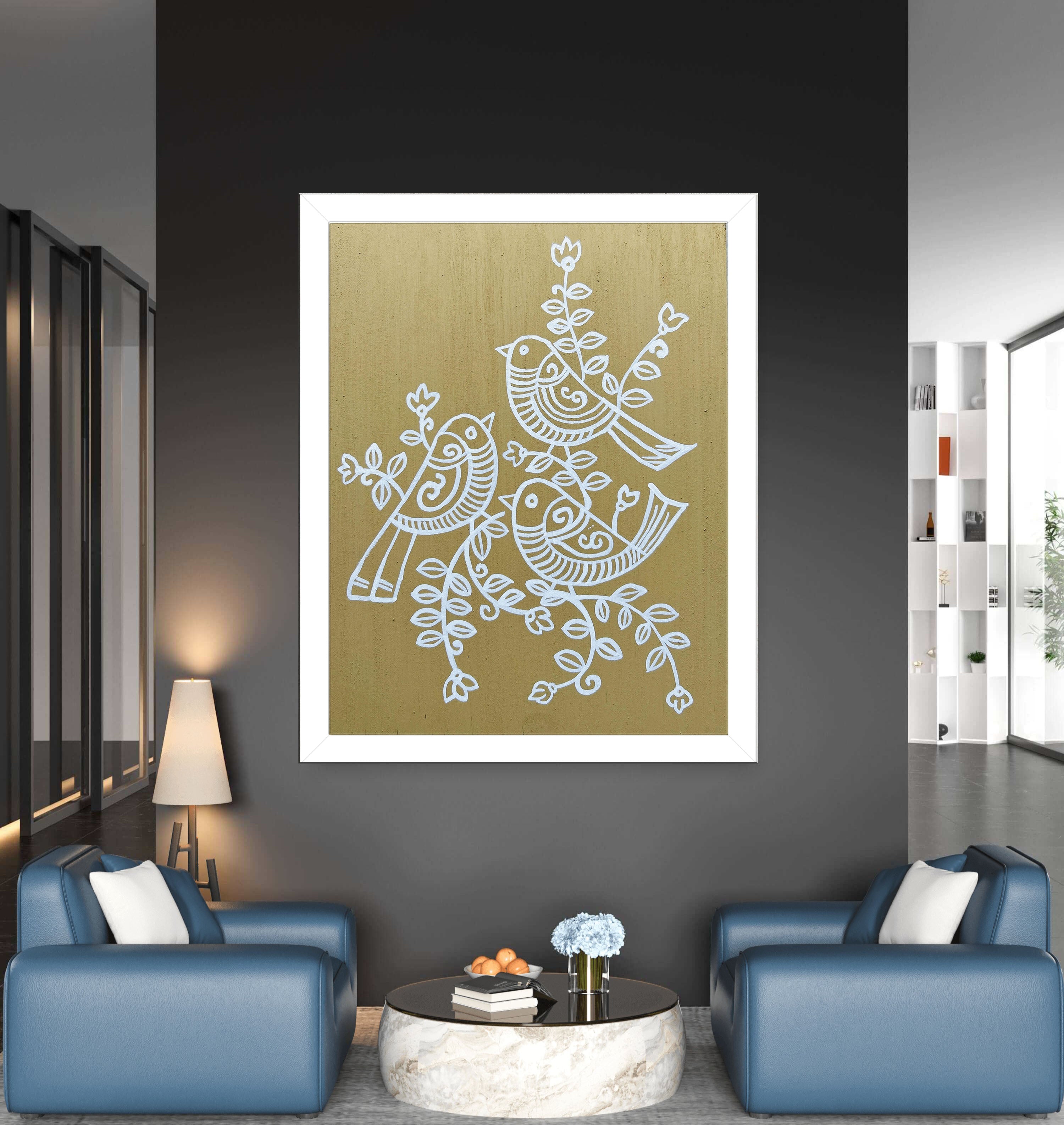 Hand-Painted Mud Wall Frame – Tribal Bird Art | 12x10 Inch | Eco-Friendly Wooden Décor
