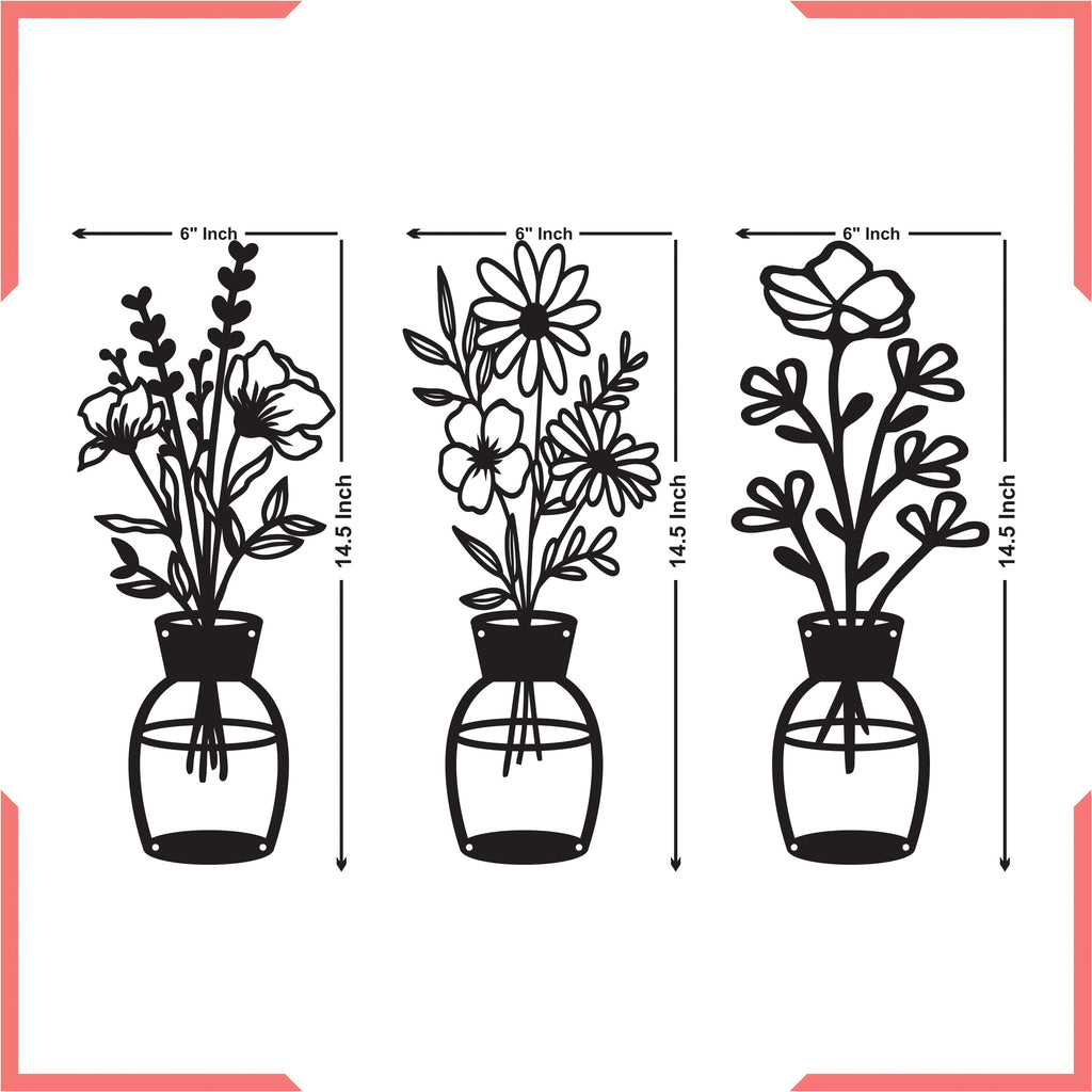 Black Metal Flower Vase Wall Hanging – Set of 3 (14.5" x 6")