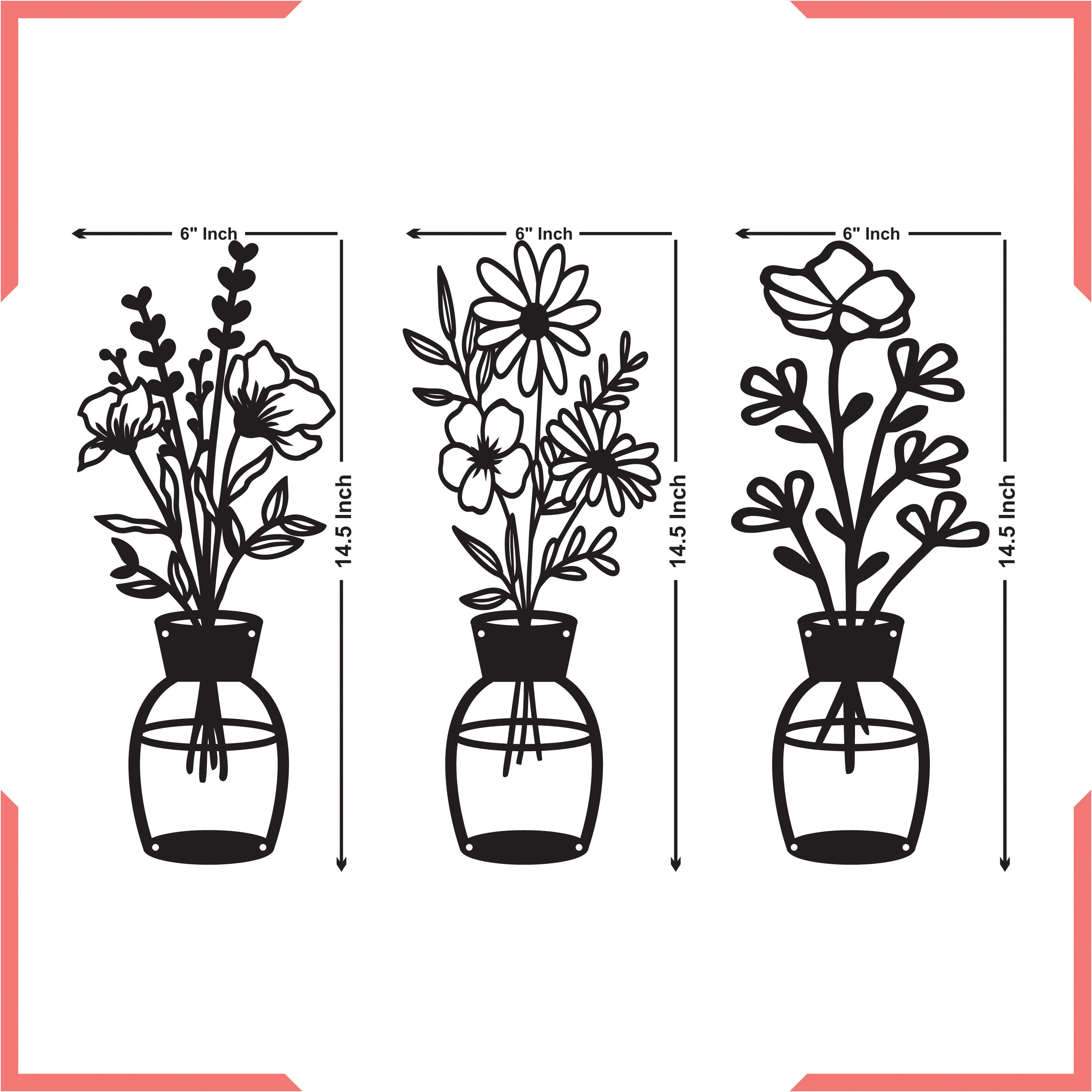 Black Metal Flower Vase Wall Hanging – Set of 3 (14.5" x 6")