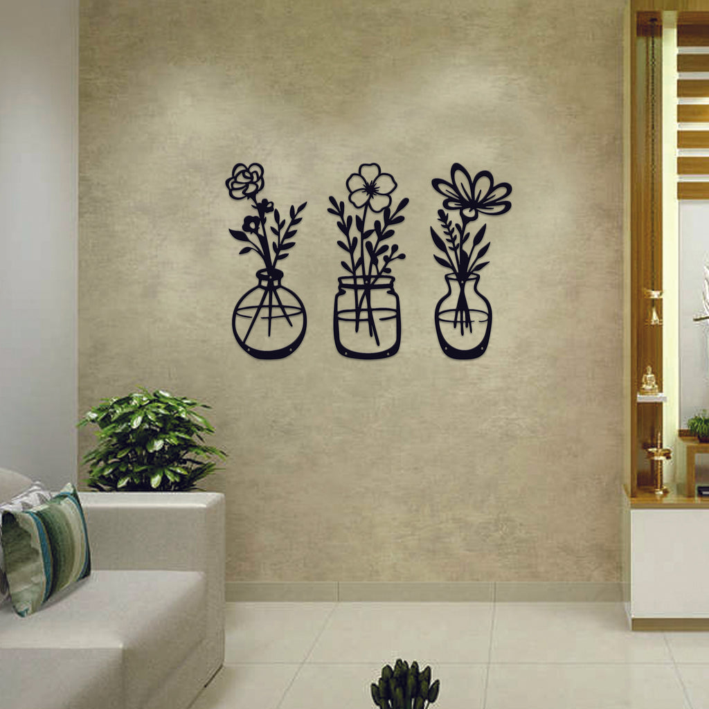 Metal Flower Vase Wall Art – Set of 3 | 14.5" x 6" | Modern Floral Décor