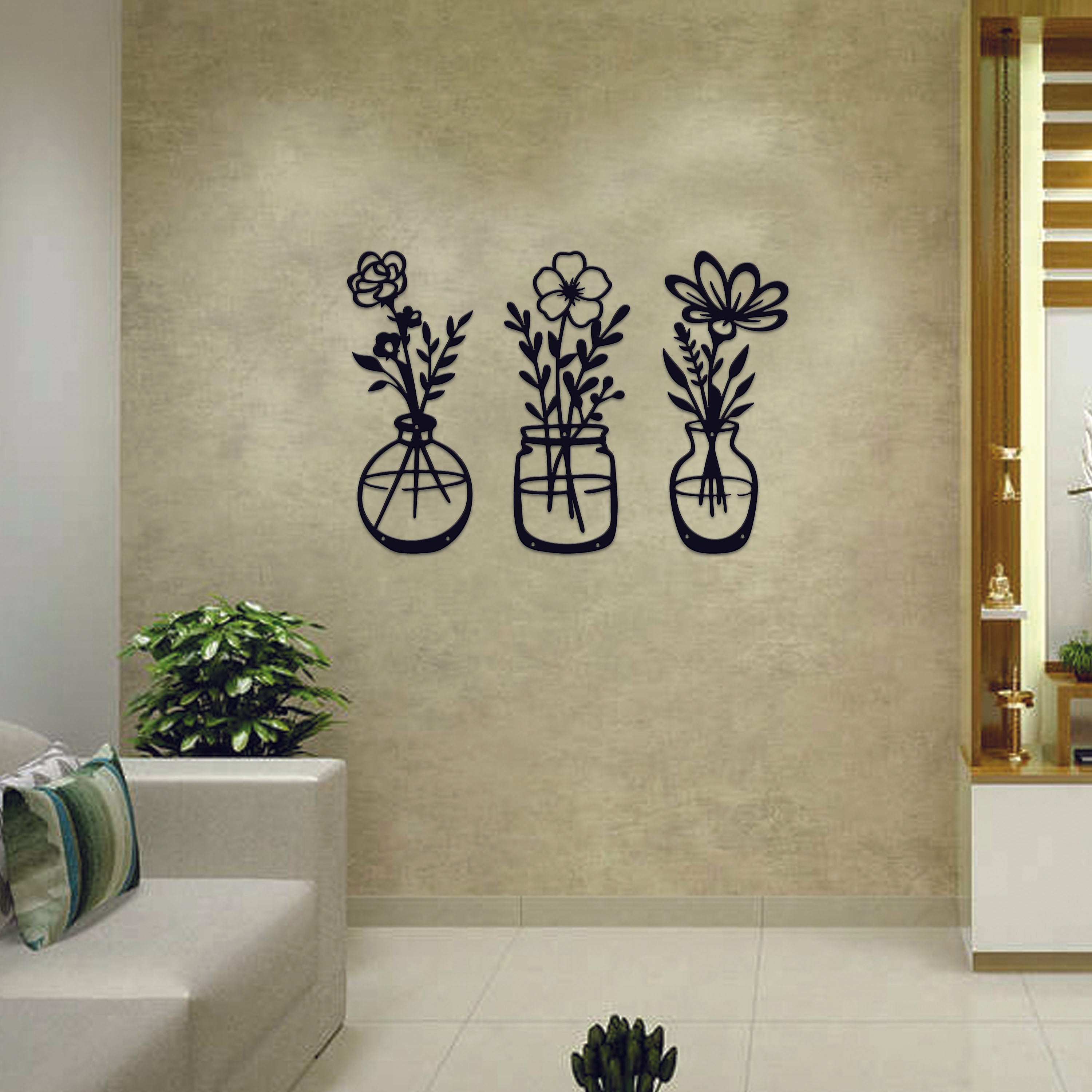 Metal Flower Vase Wall Art – Set of 3 | 14.5" x 6" | Modern Floral Décor
