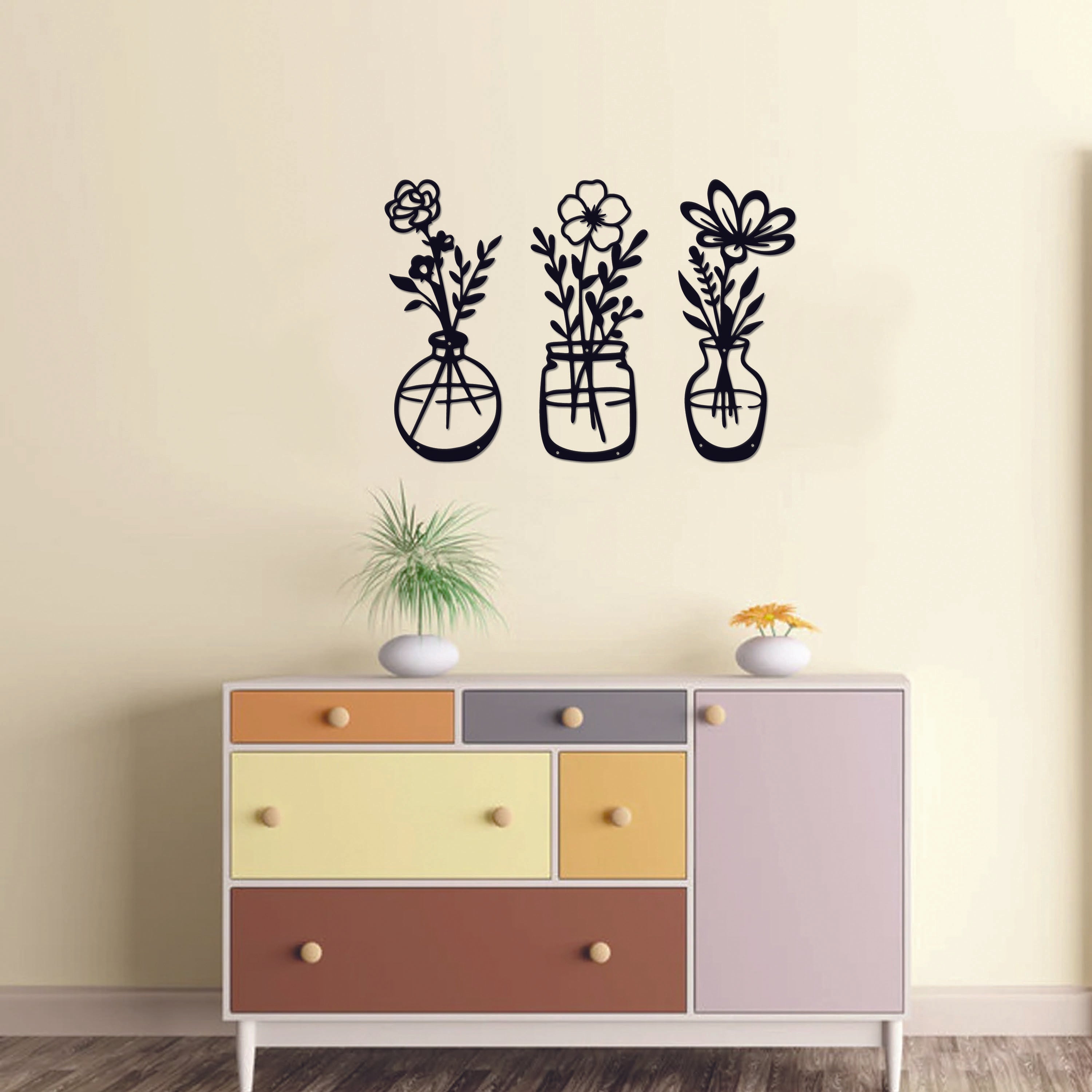 Metal Flower Vase Wall Art – Set of 3 | 14.5" x 6" | Modern Floral Décor