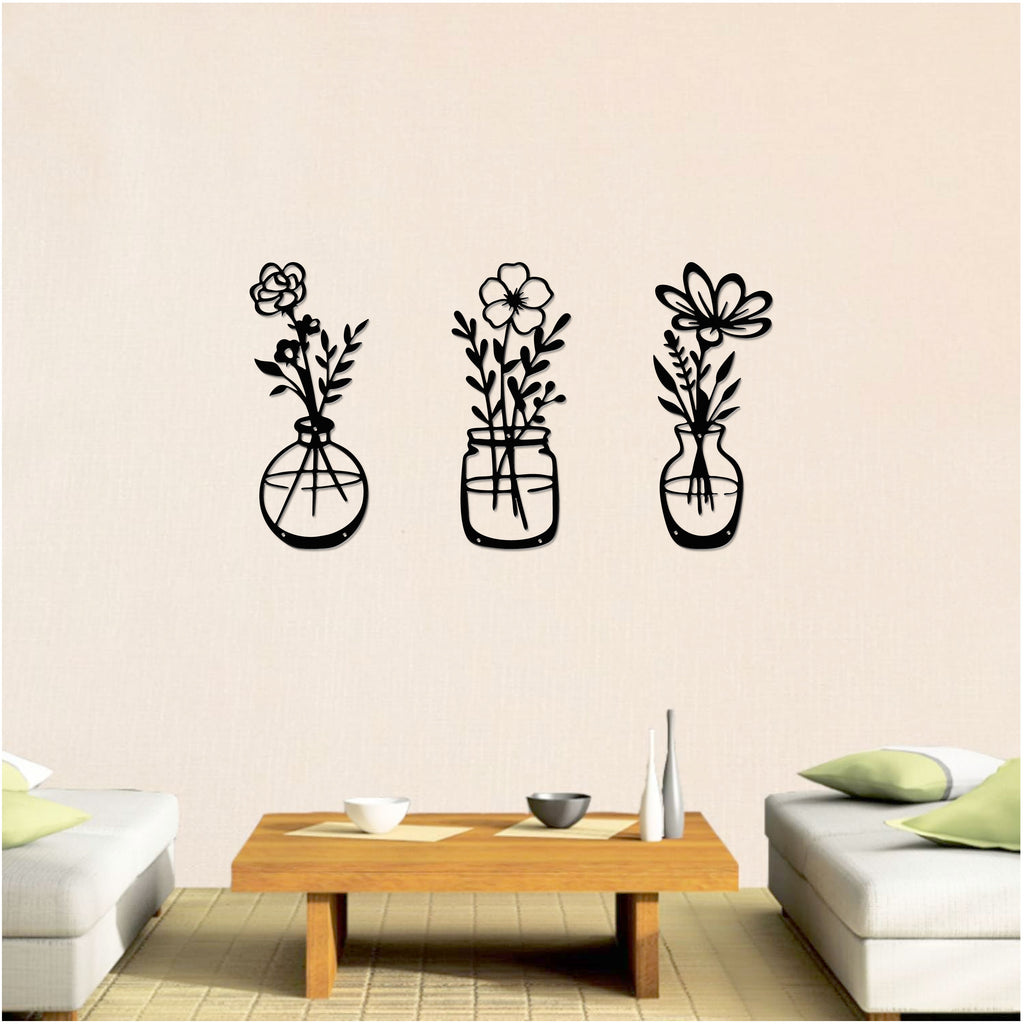 Metal Flower Vase Wall Art – Set of 3 | 14.5" x 6" | Modern Floral Décor