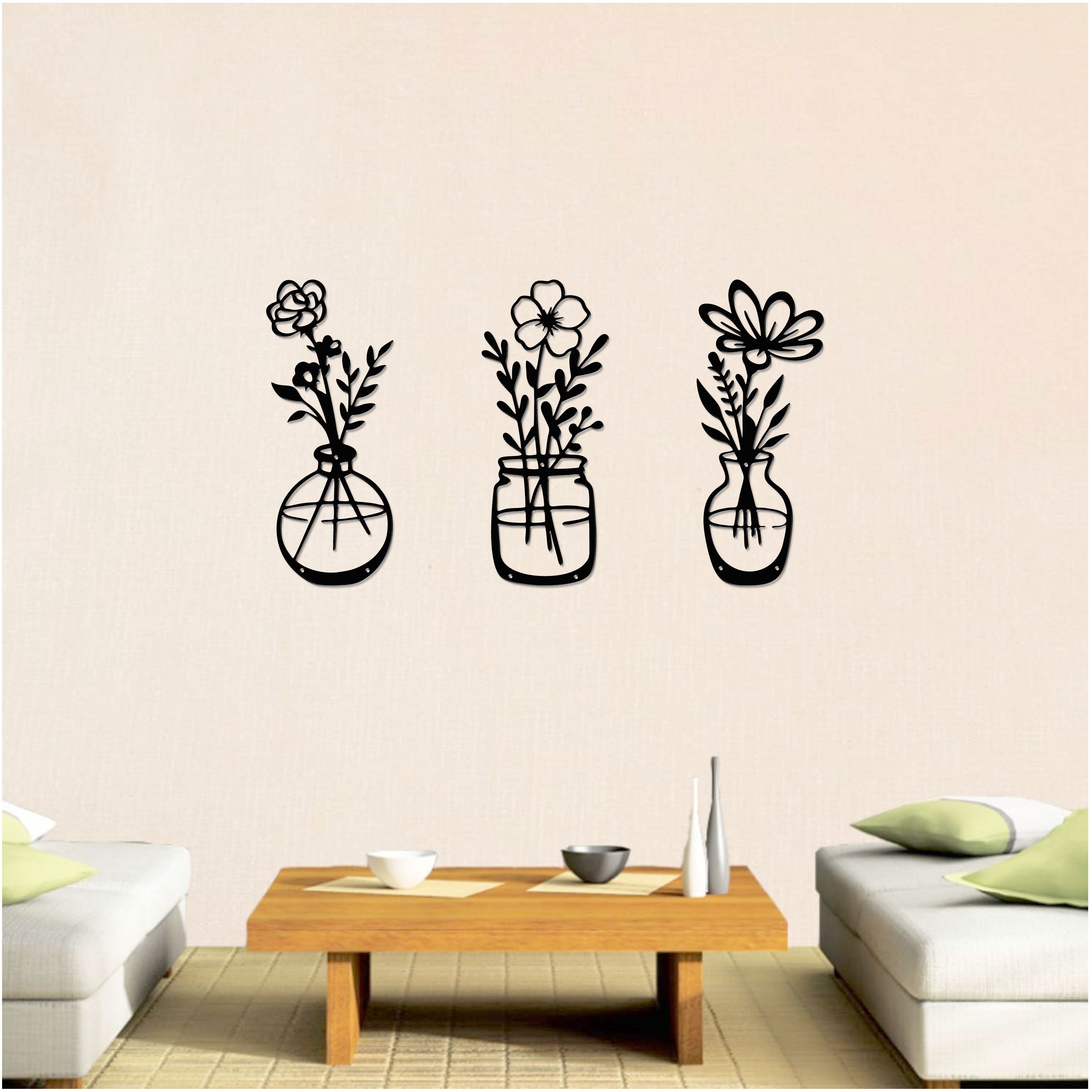 Metal Flower Vase Wall Art – Set of 3 | 14.5" x 6" | Modern Floral Décor