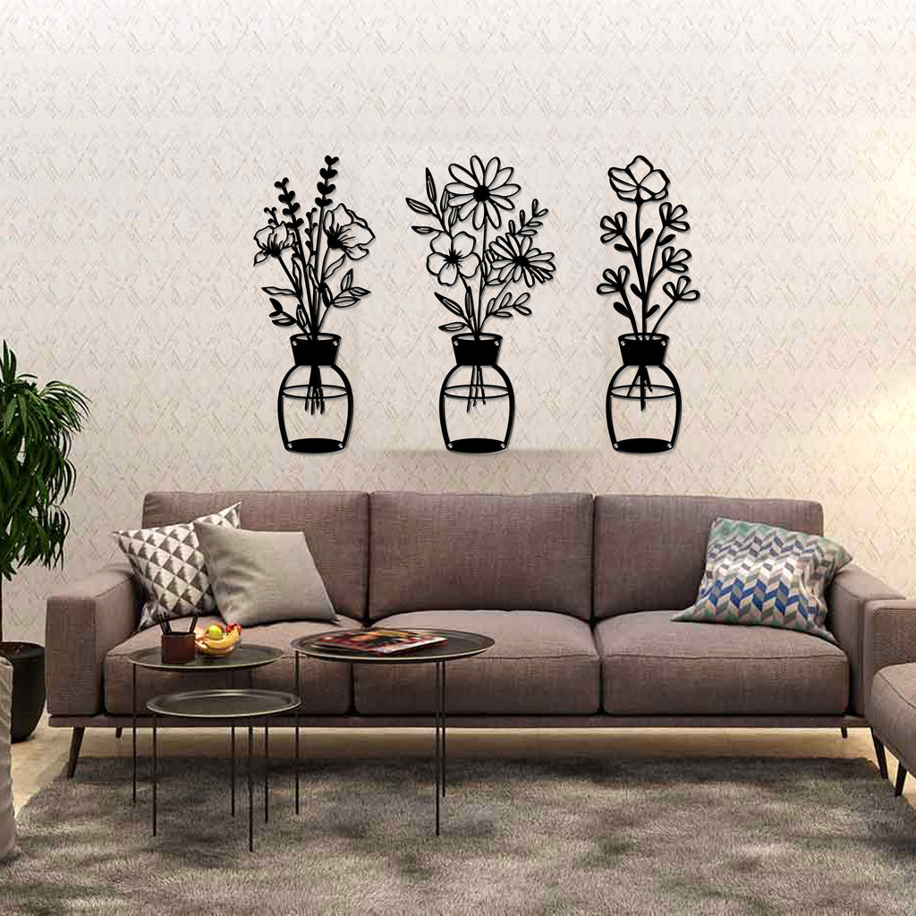 Black Metal Flower Vase Wall Hanging – Set of 3 (14.5" x 6")