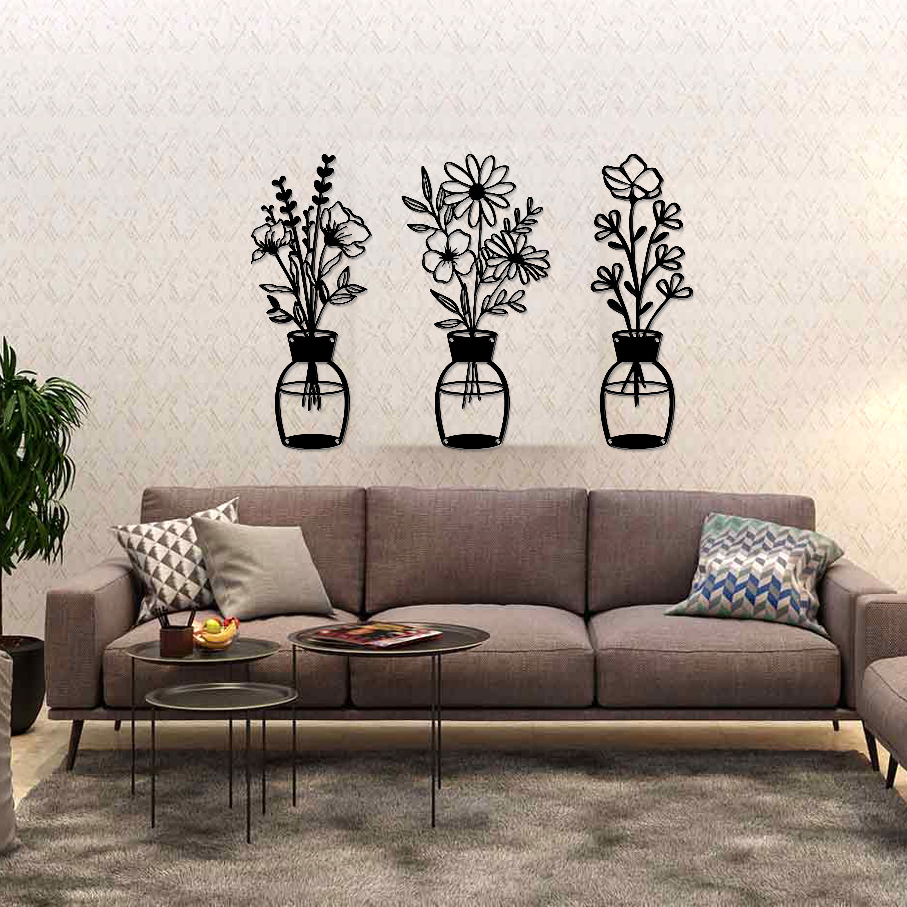 Black Metal Flower Vase Wall Hanging – Set of 3 (14.5" x 6")