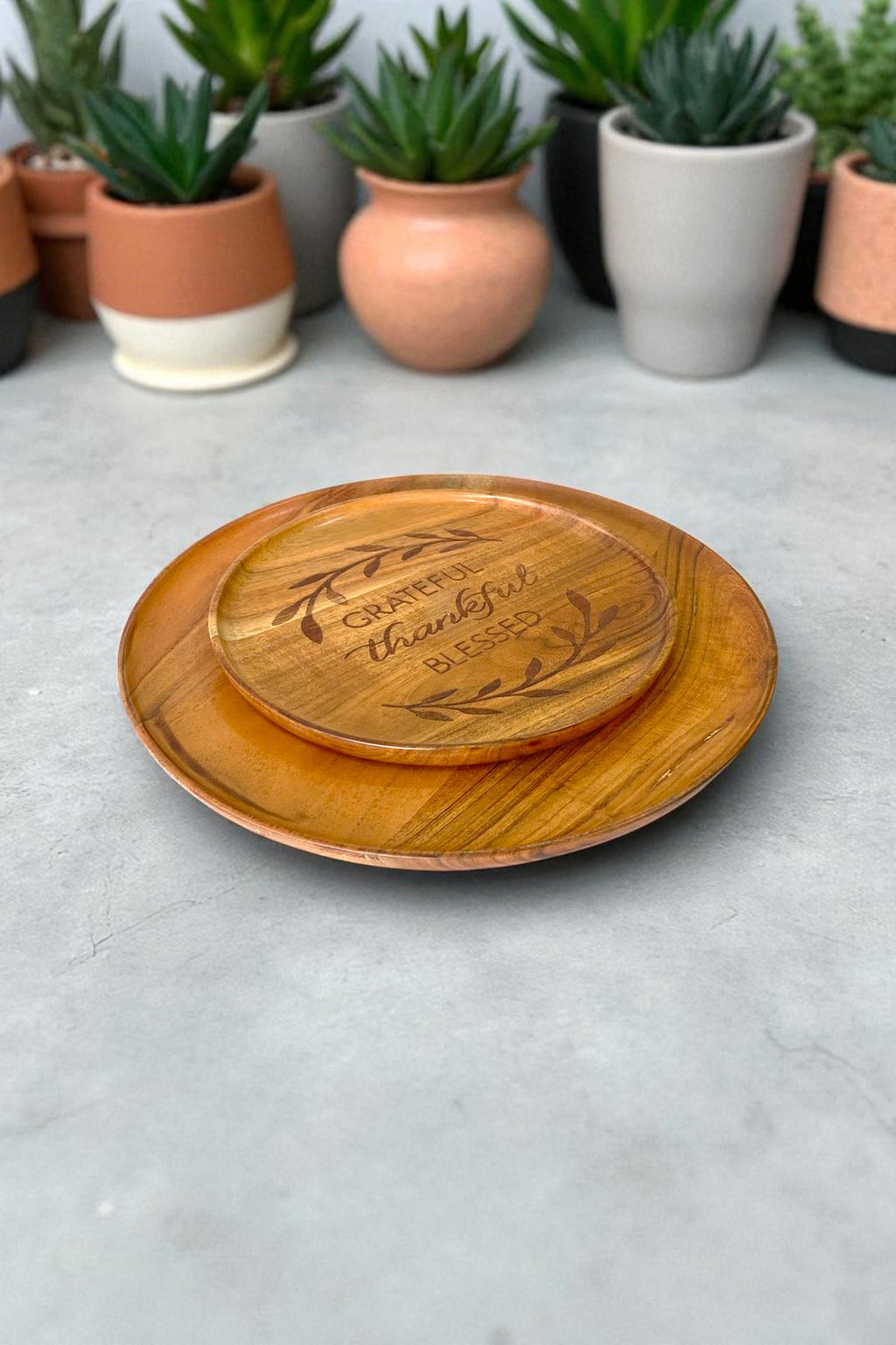 Engraved Wooden Serving Plates Set of 2 Plates – "Grateful Thankful Blessed" | Handcrafted Acacia Wood