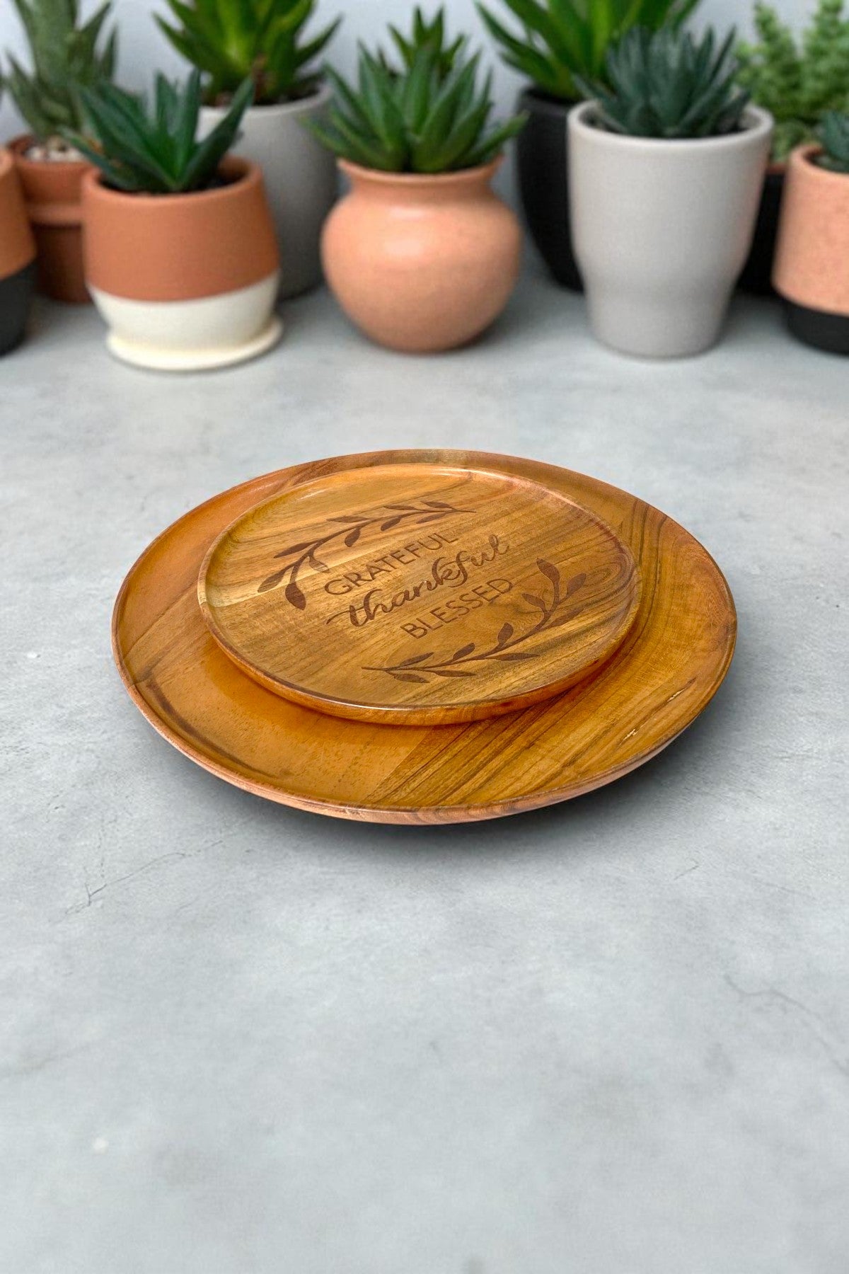 Engraved Wooden Serving Plates Set of 2 Plates – "Grateful Thankful Blessed" | Handcrafted Acacia Wood