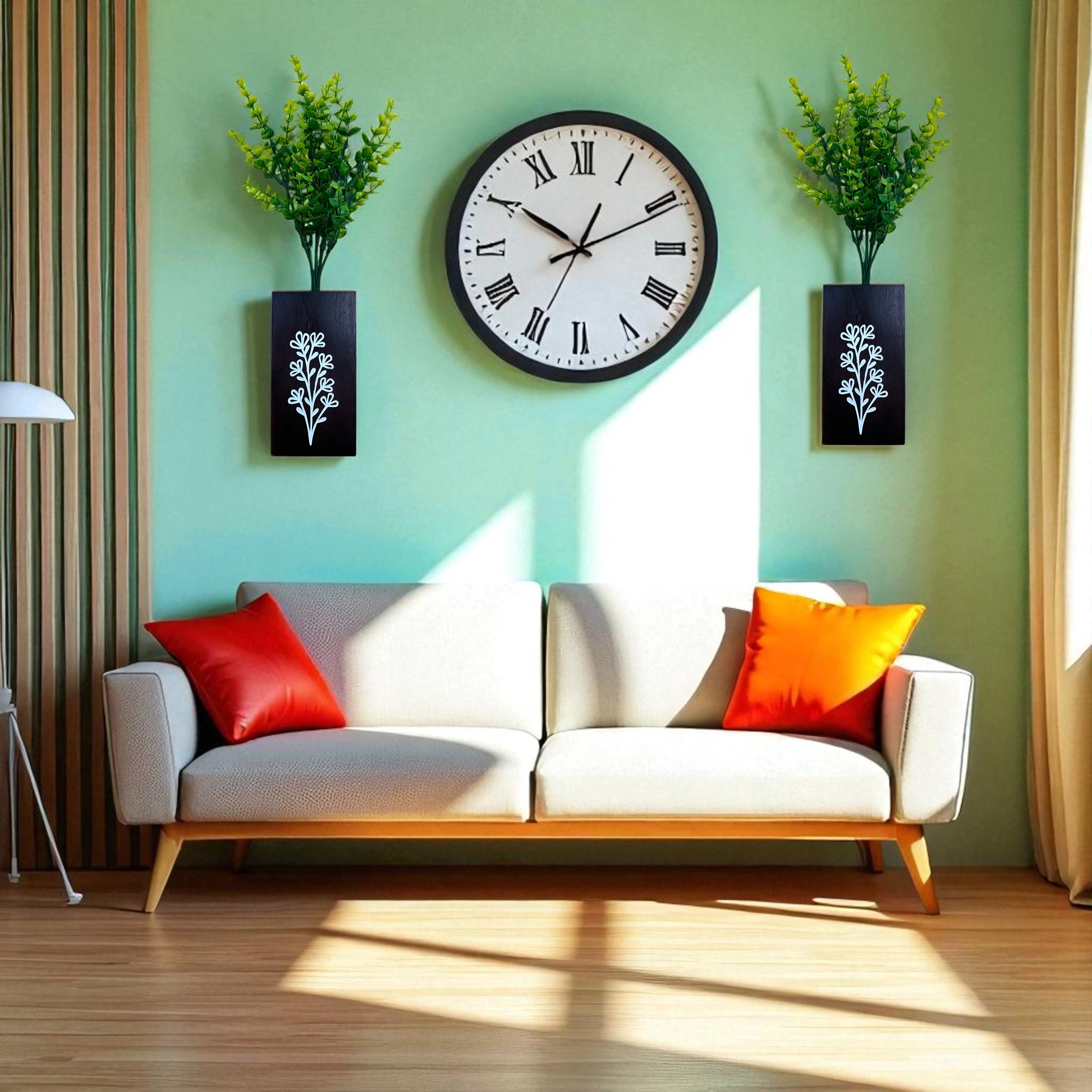 Wall Hanging Wooden Flower Vase – Brown Finish with Artificial Greenery