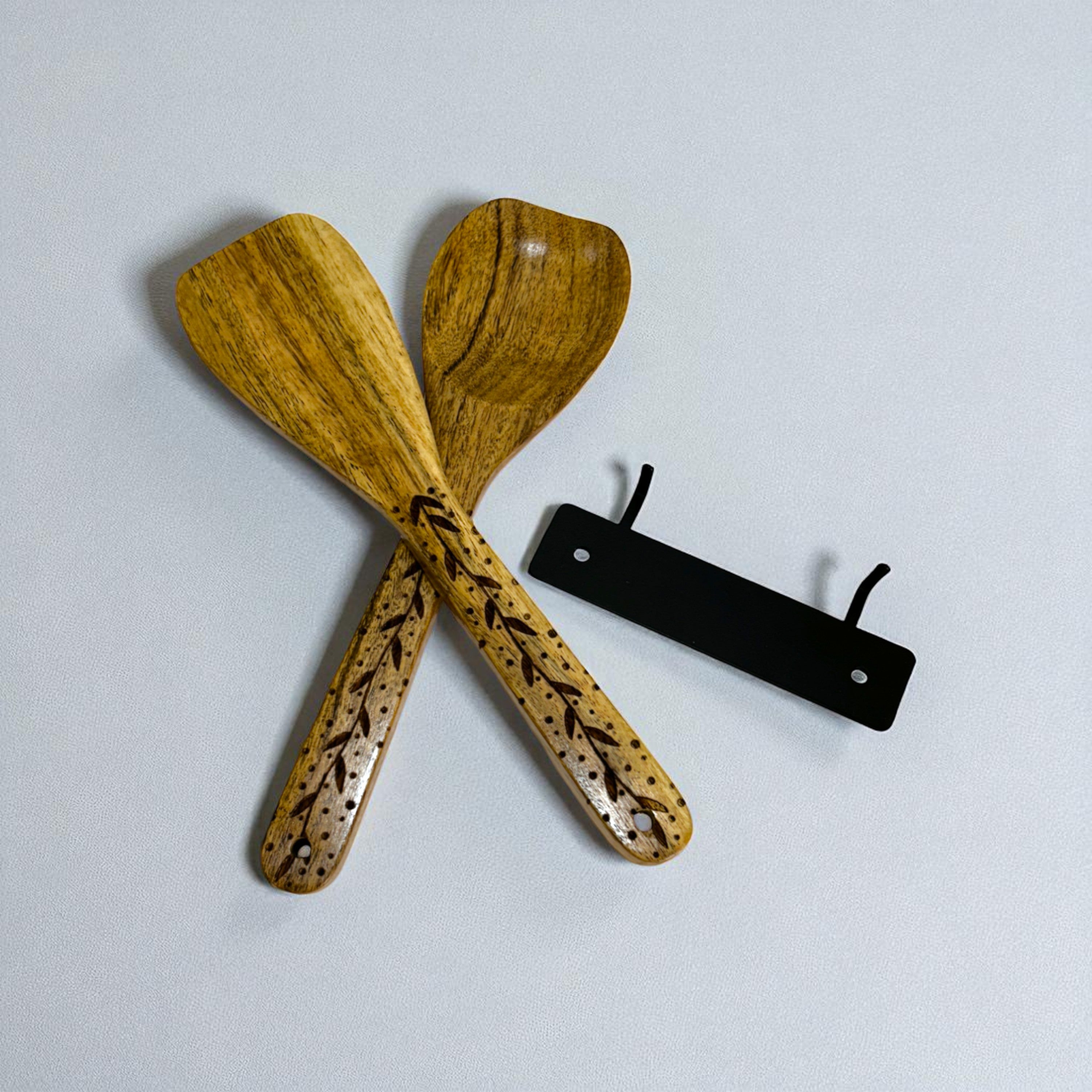 Premium Wood Spoon Set with Black Iron Wall Mount – Set of 2