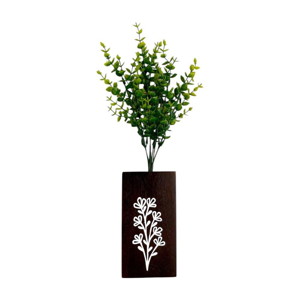 Wall Hanging Wooden Flower Vase – Brown Finish with Artificial Greenery