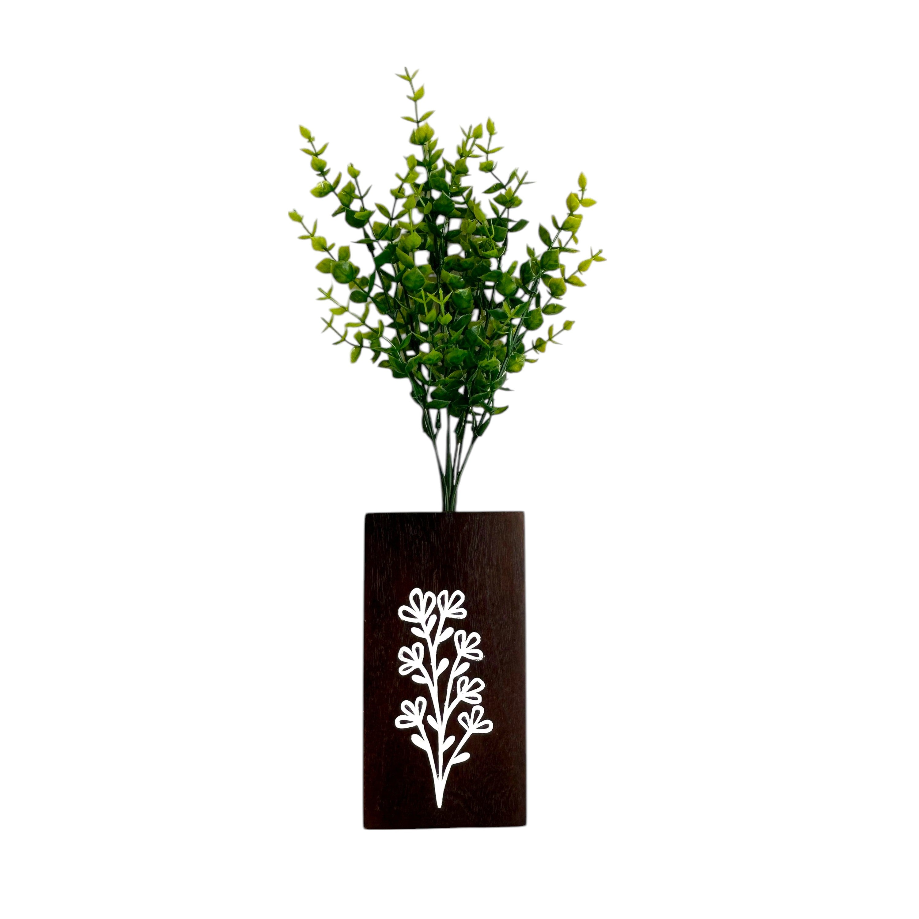 Wall Hanging Wooden Flower Vase – Brown Finish with Artificial Greenery