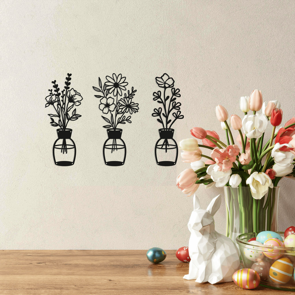Black Metal Flower Vase Wall Hanging – Set of 3 (14.5" x 6")