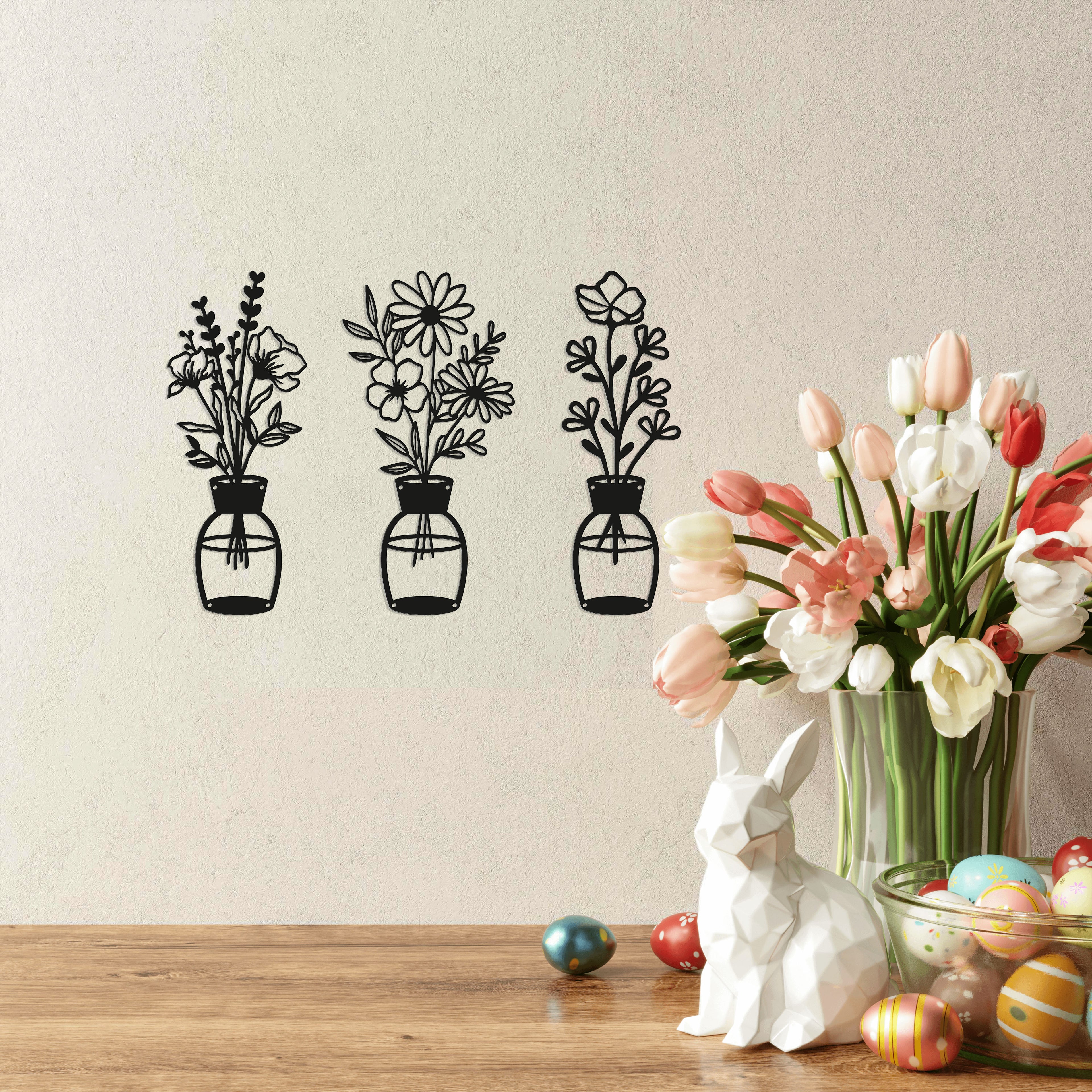 Black Metal Flower Vase Wall Hanging – Set of 3 (14.5" x 6")