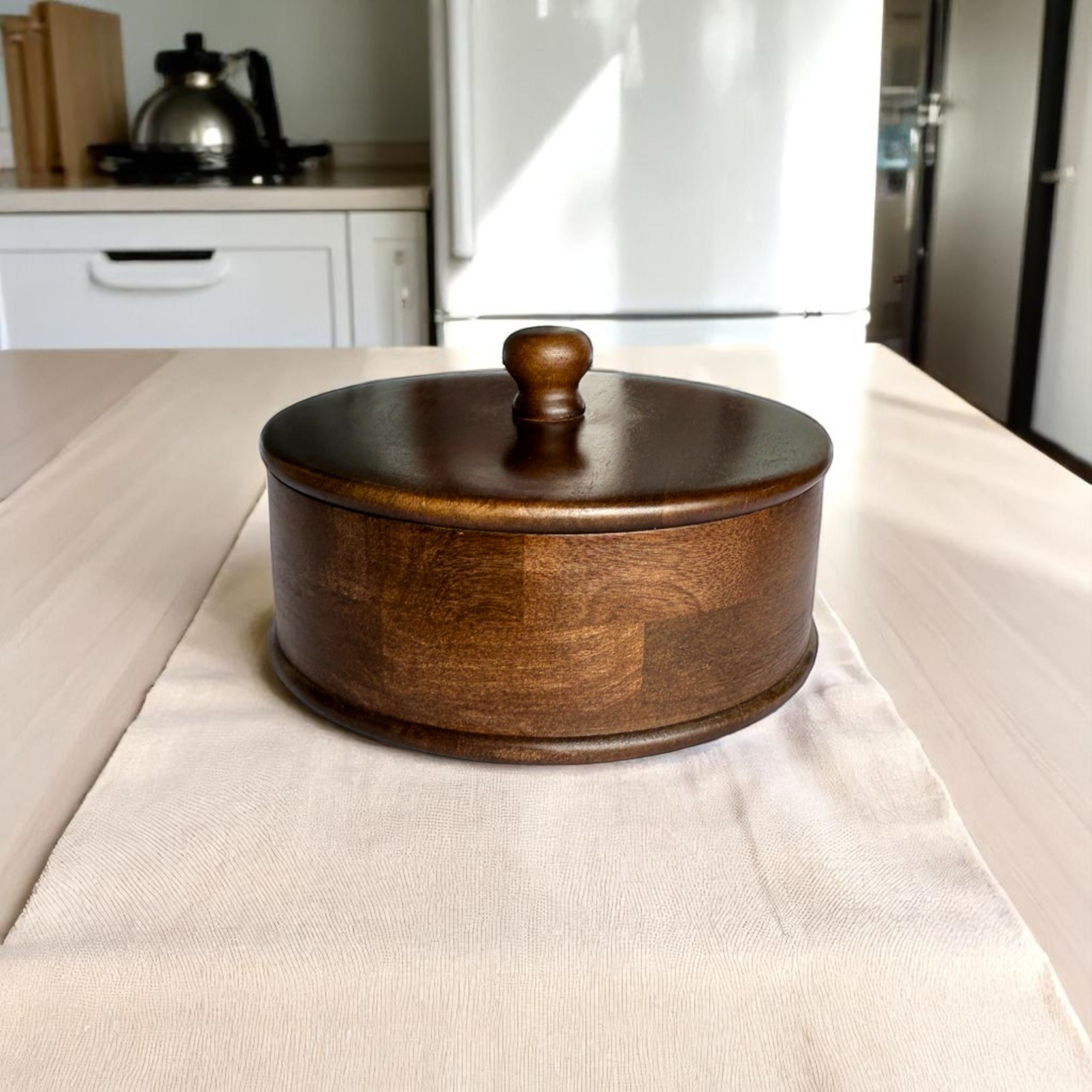 Handcrafted Wooden Chapati Box – Classic Round Casserole for Roti & Bread Storage