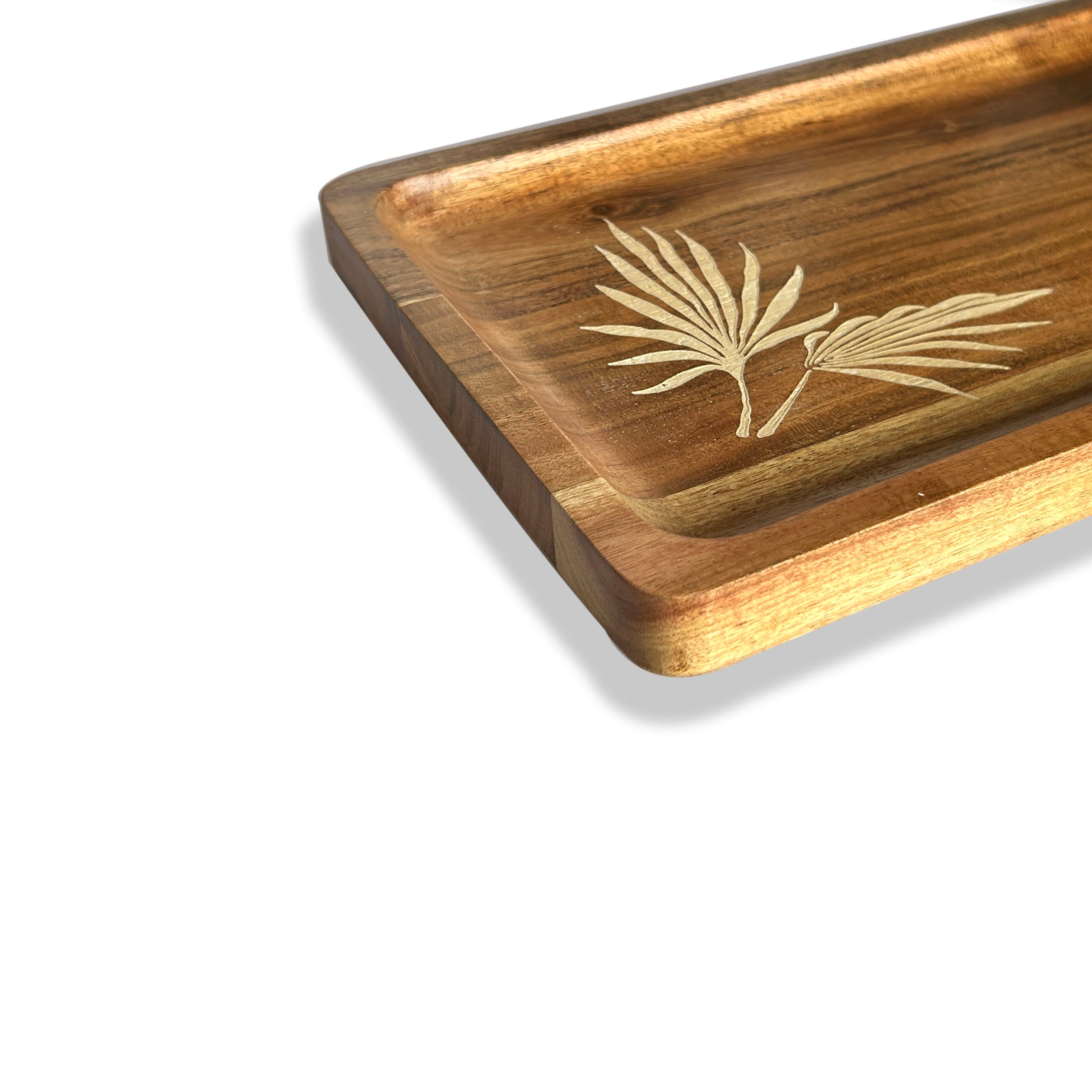 Handcrafted Rectangular Wooden Tray – Leaf Engraved Acacia Serveware