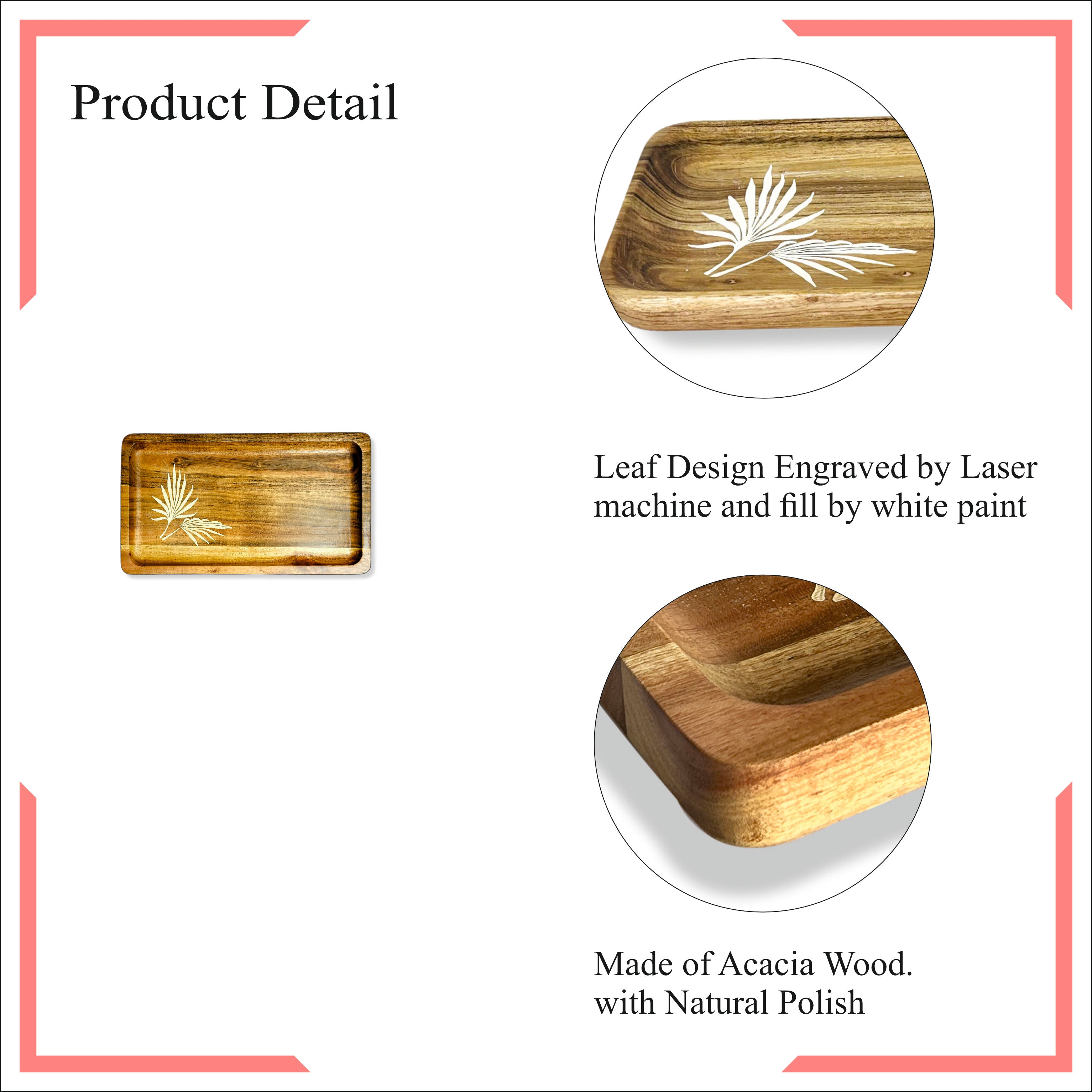 Handcrafted Rectangular Wooden Tray – Leaf Engraved Acacia Serveware