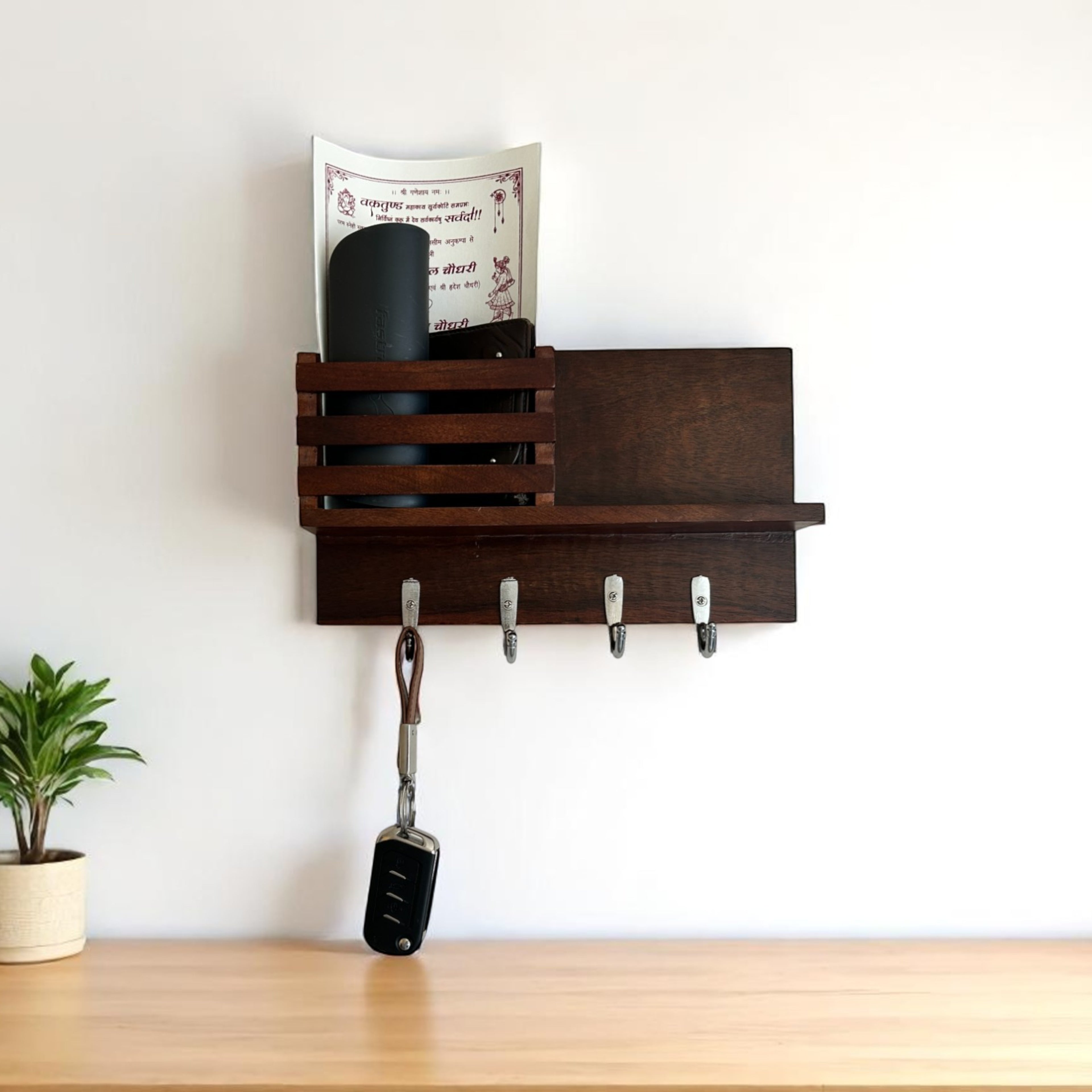 Wooden Wall Key Holder with Shelf – 5 Hooks for Entryway & Home Storage