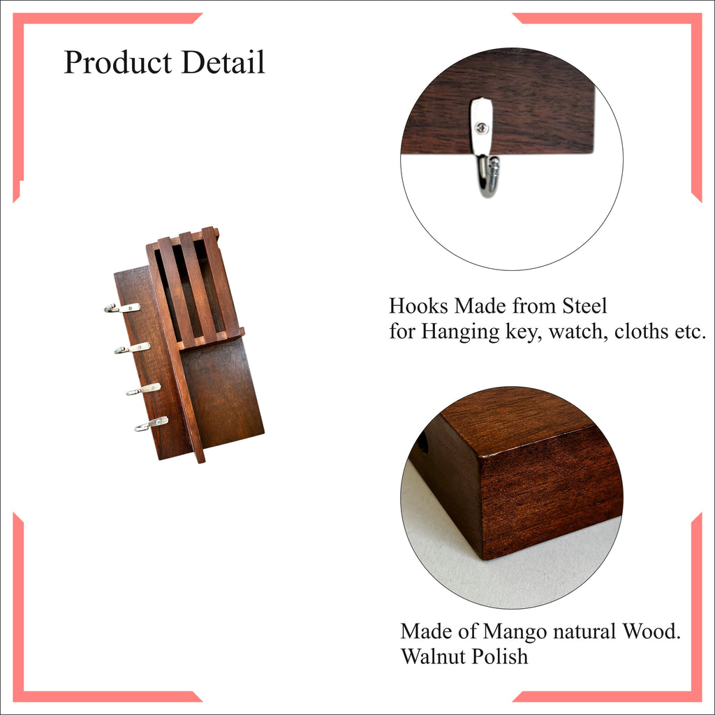 Wooden Wall Key Holder with Shelf – 5 Hooks for Entryway & Home Storage
