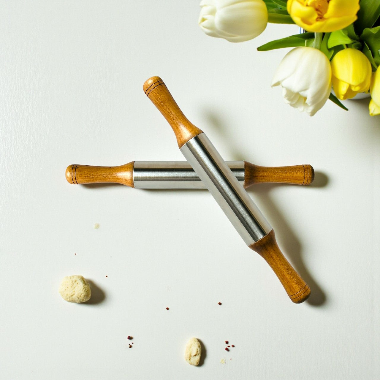 Premium Stainless Steel Rolling Pin with Wooden Handles – Non-Stick, Easy Grip, Heavy-Duty for Roti, Chapati, Pastry & Dough Rolling