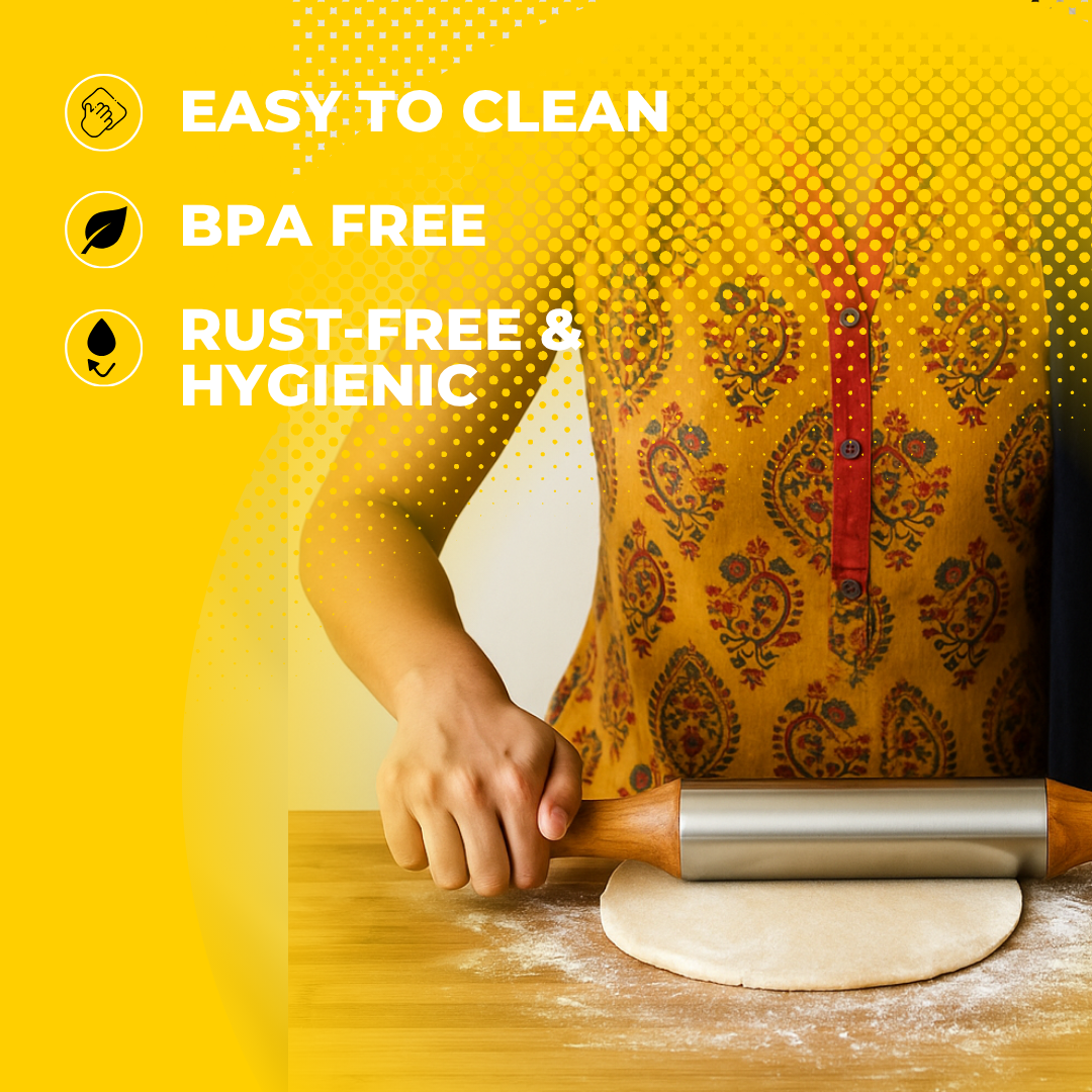 Premium Stainless Steel Rolling Pin with Wooden Handles – Non-Stick, Easy Grip, Heavy-Duty for Roti, Chapati, Pastry & Dough Rolling