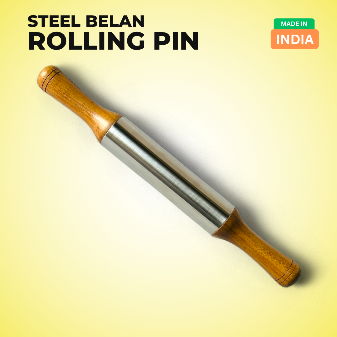 Premium Stainless Steel Rolling Pin with Wooden Handles – Non-Stick, Easy Grip, Heavy-Duty for Roti, Chapati, Pastry & Dough Rolling