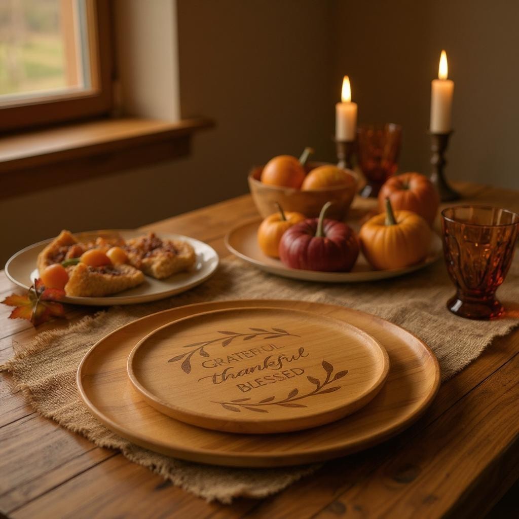 Engraved Wooden Serving Plates Set of 2 Plates – "Grateful Thankful Blessed" | Handcrafted Acacia Wood