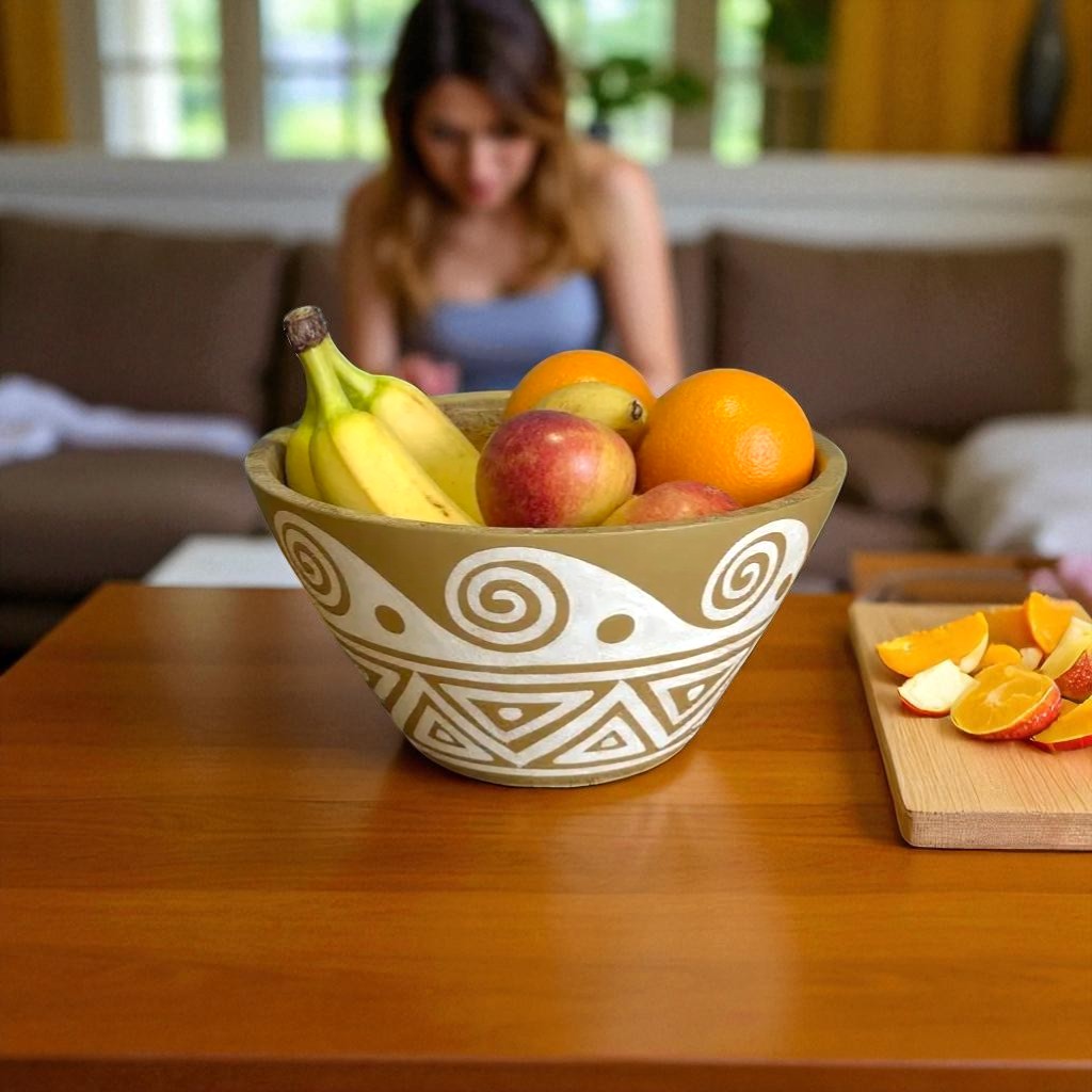 Decorative Mud-Layered Hand-Painted Mango Wood Fruit Bowl – 10x4 inch