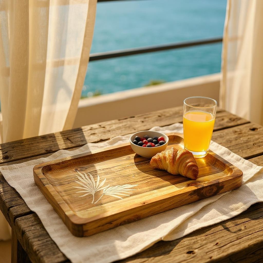 Handcrafted Rectangular Wooden Tray – Leaf Engraved Acacia Serveware