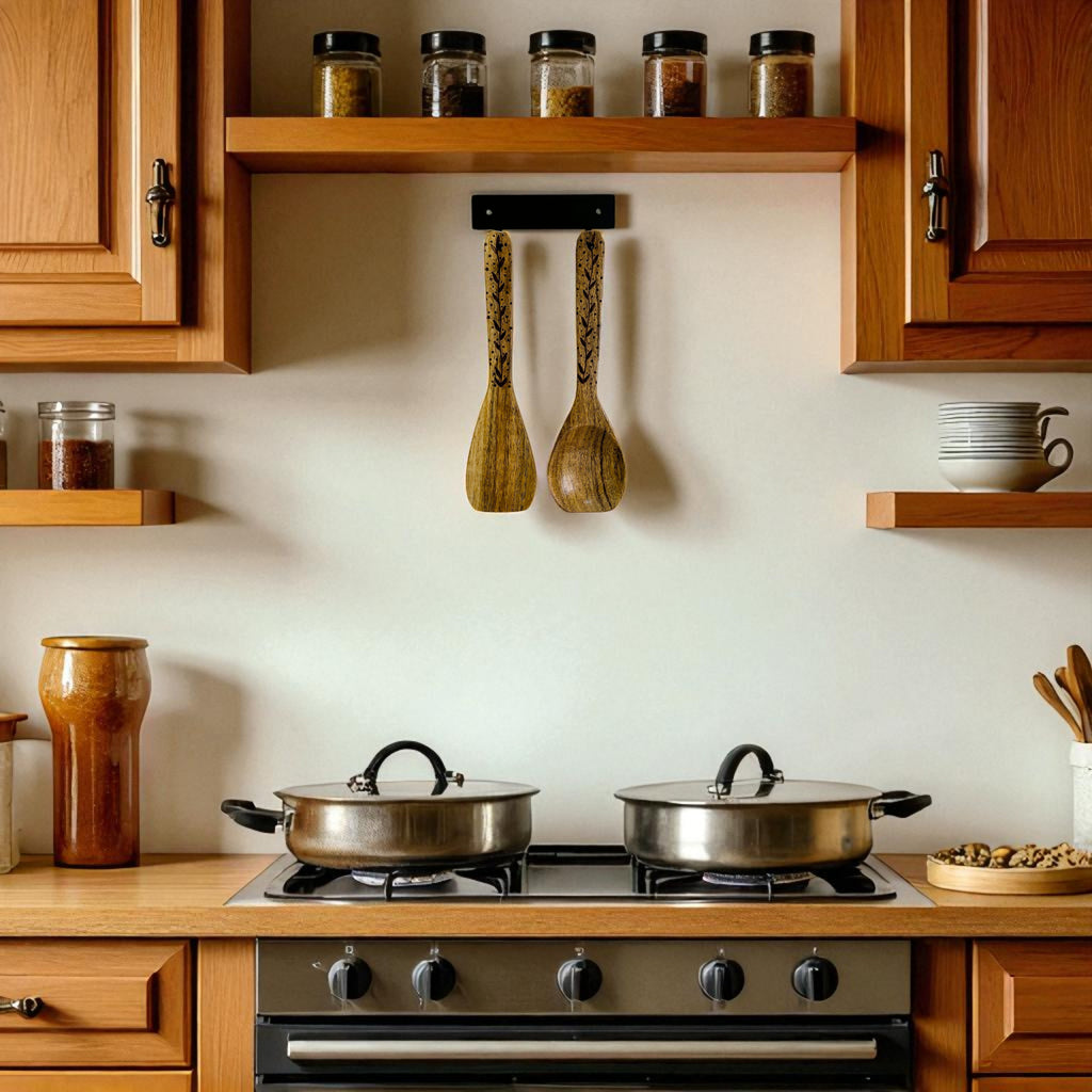 Premium Wood Spoon Set with Black Iron Wall Mount – Set of 2