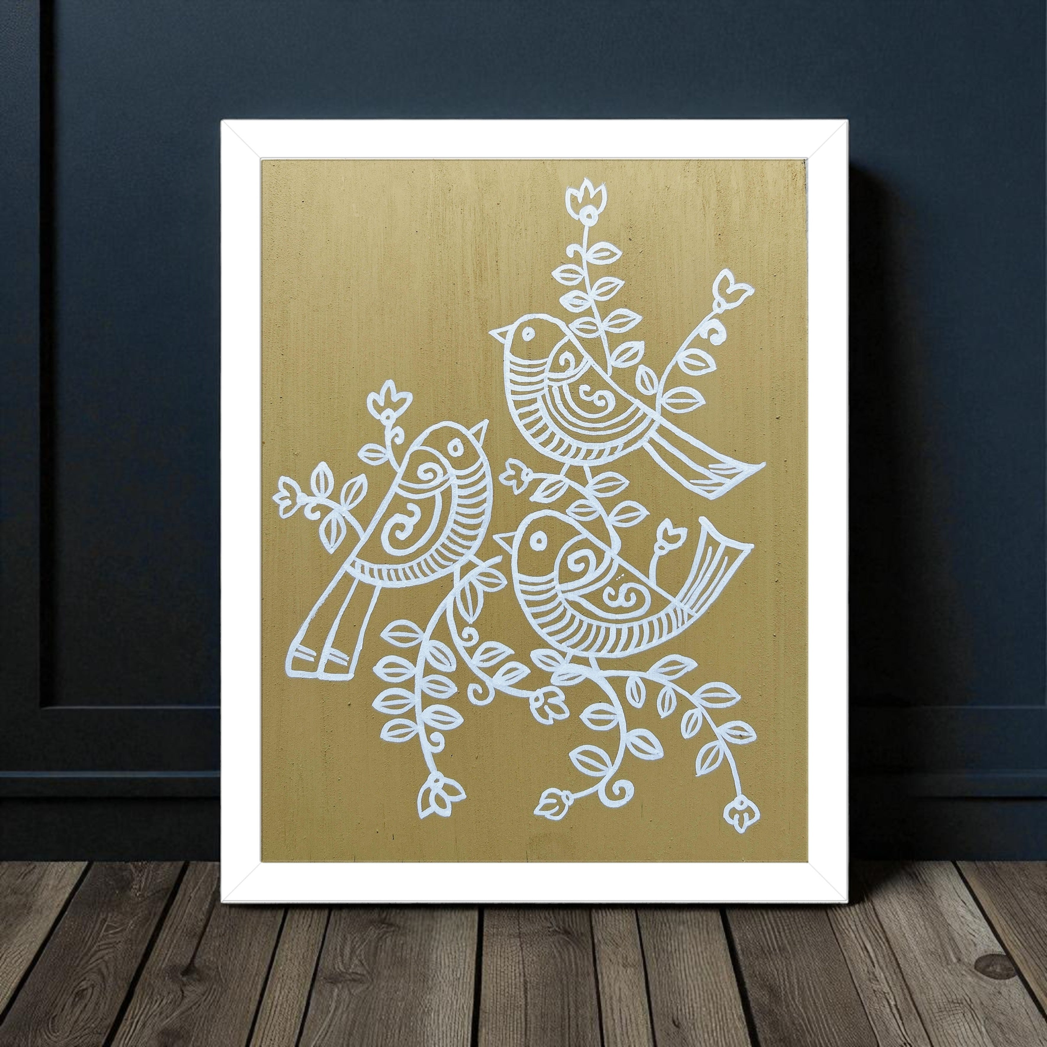 Hand-Painted Mud Wall Frame – Tribal Bird Art | 12x10 Inch | Eco-Friendly Wooden Décor