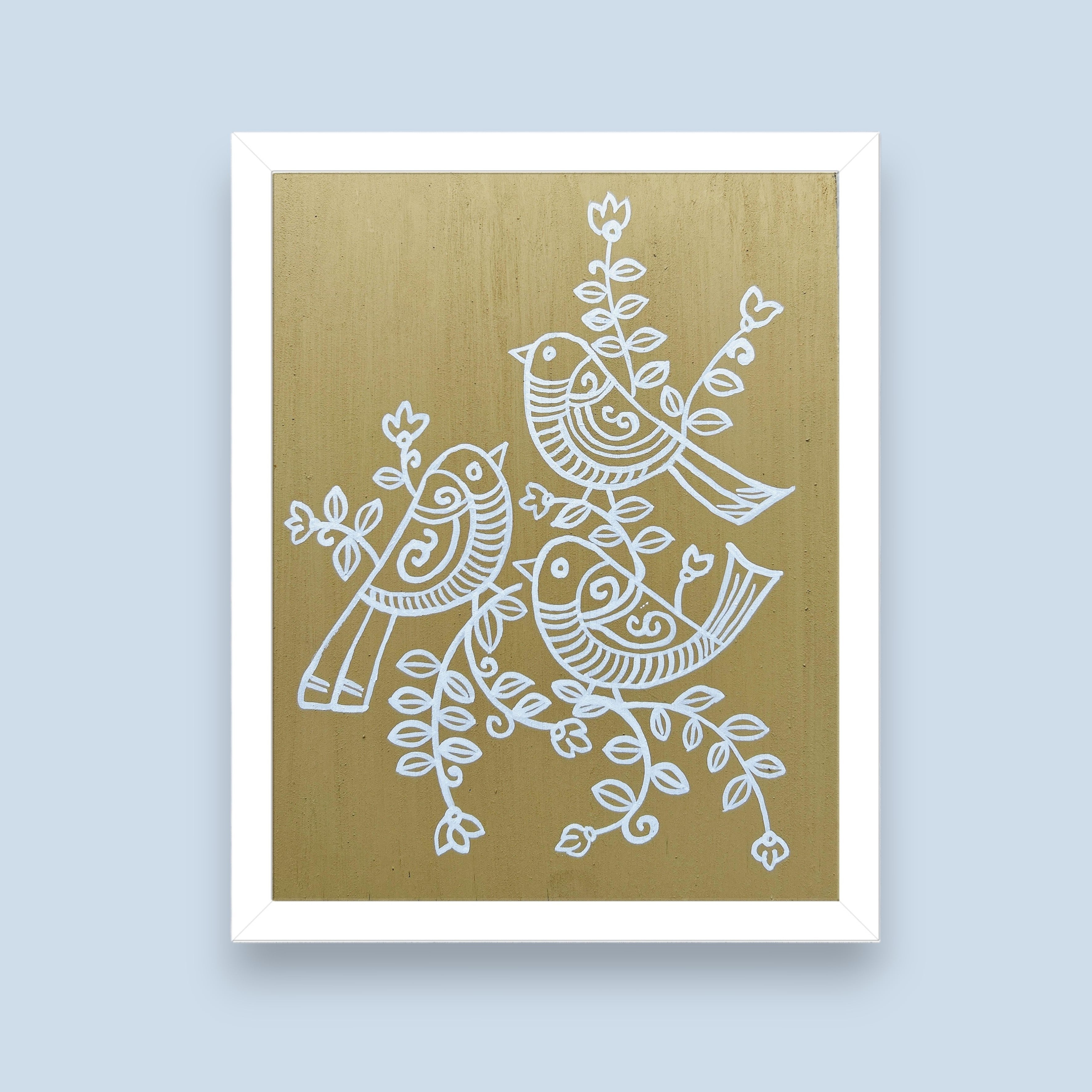 Hand-Painted Mud Wall Frame – Tribal Bird Art | 12x10 Inch | Eco-Friendly Wooden Décor